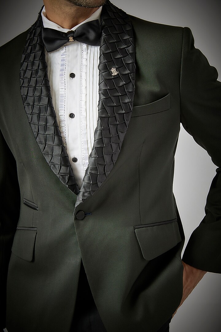 Green Terry Rayon Tuxedo Set by UMANG MEHTA at Pernia's Pop Up Shop