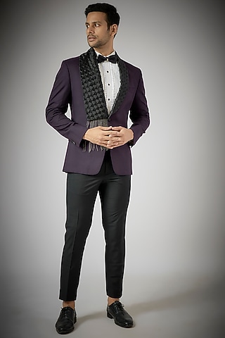 Wine Terry Rayon Embellished Tuxedo Set by UMANG MEHTA