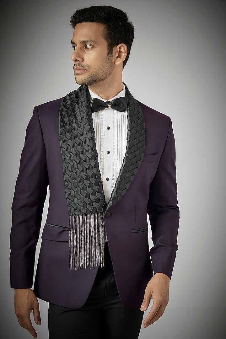 Wine Terry Rayon Embellished Tuxedo Set by UMANG MEHTA at Pernia's Pop Up Shop