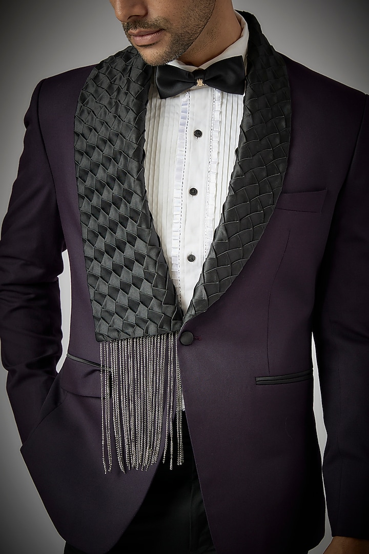 Wine Terry Rayon Embellished Tuxedo Set by UMANG MEHTA at Pernia's Pop Up Shop