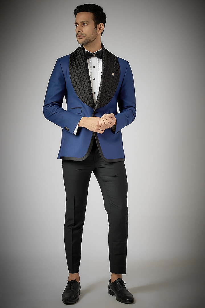 Blue Terry Rayon Tuxedo Set by UMANG MEHTA