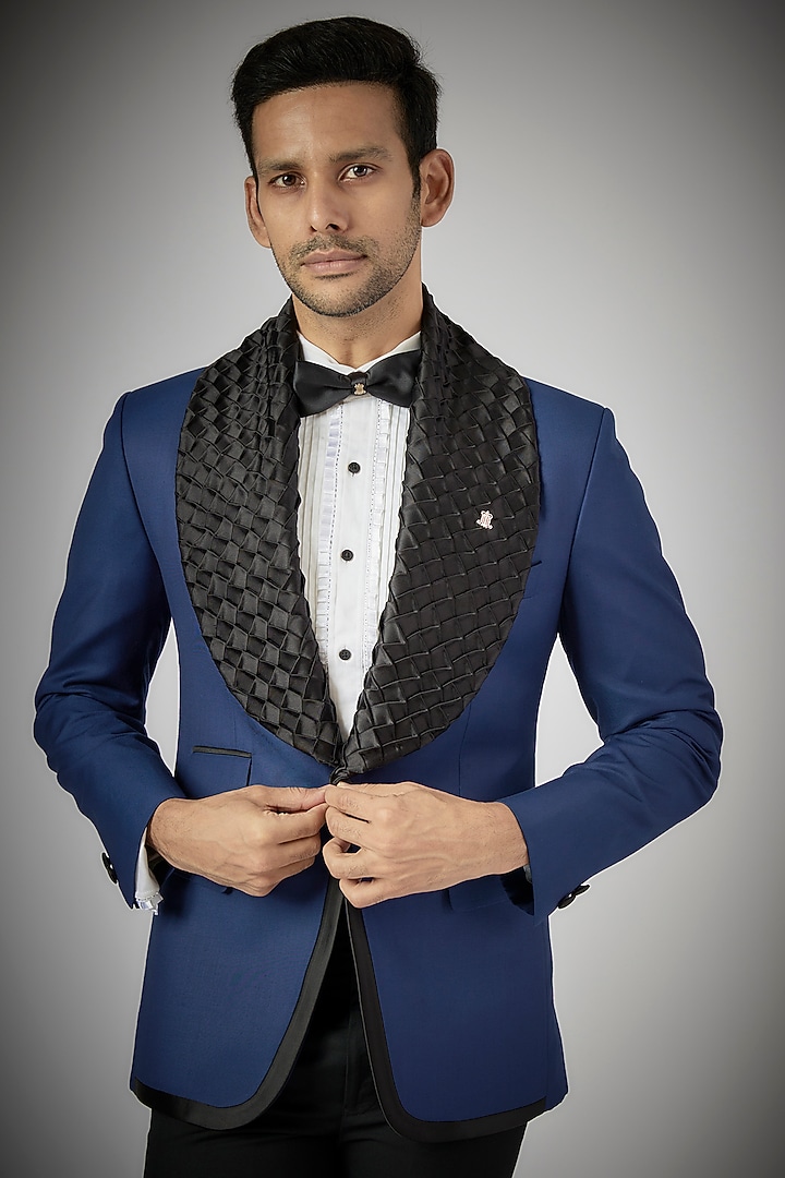 Blue Terry Rayon Tuxedo Set by UMANG MEHTA at Pernia's Pop Up Shop
