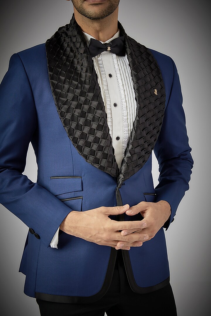 Blue Terry Rayon Tuxedo Set by UMANG MEHTA at Pernia's Pop Up Shop