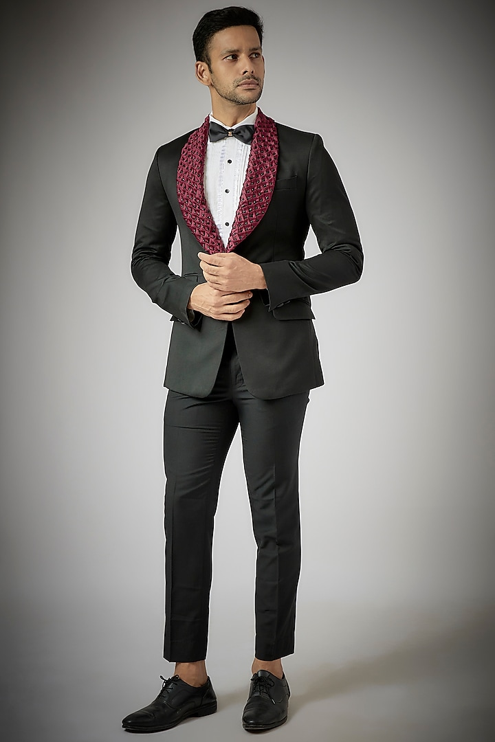 Black Terry Rayon Embroidered Tuxedo Set by UMANG MEHTA