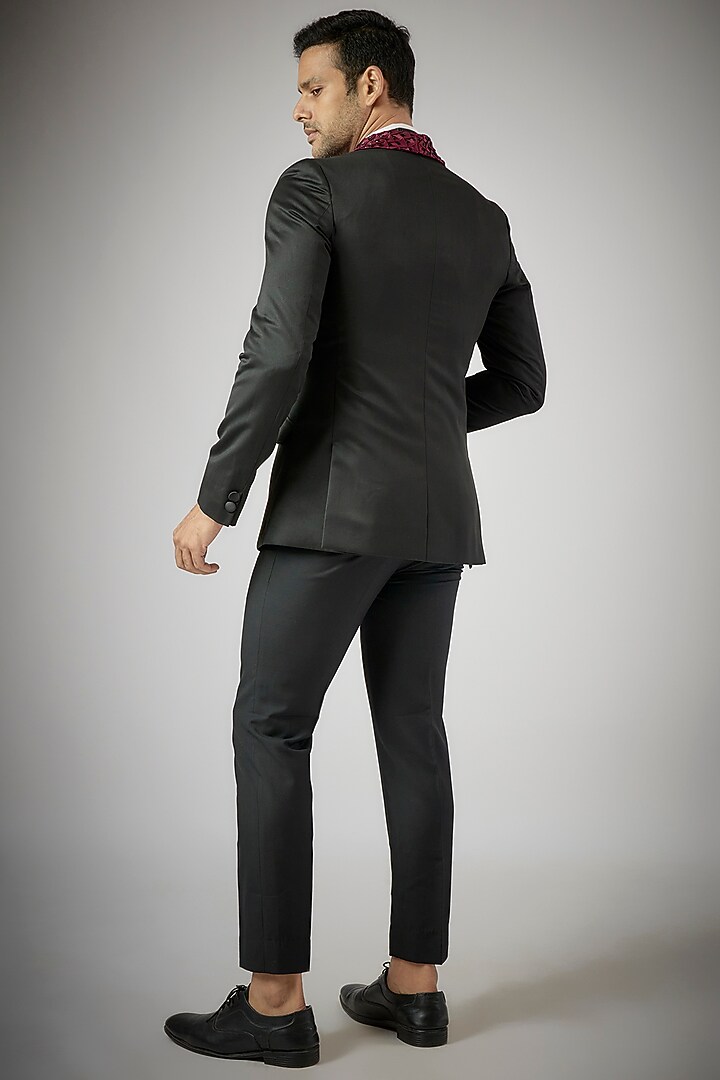 Black Terry Rayon Embroidered Tuxedo Set by UMANG MEHTA at Pernia's Pop Up Shop