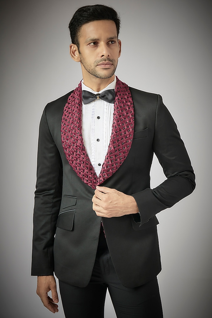 Black Terry Rayon Embroidered Tuxedo Set by UMANG MEHTA at Pernia's Pop Up Shop