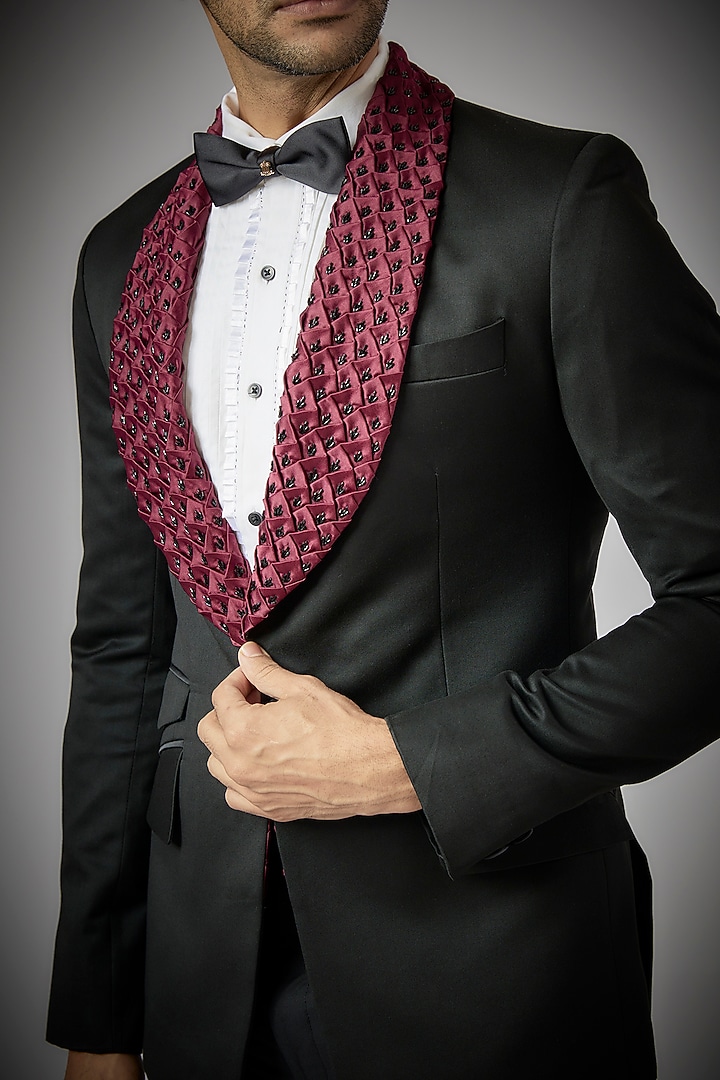 Black Terry Rayon Embroidered Tuxedo Set by UMANG MEHTA at Pernia's Pop Up Shop