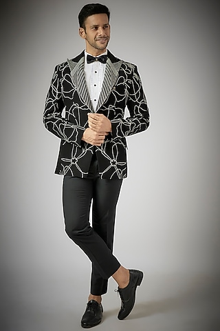 Black Japanese Polynosic Embroidered Tuxedo Set by UMANG MEHTA