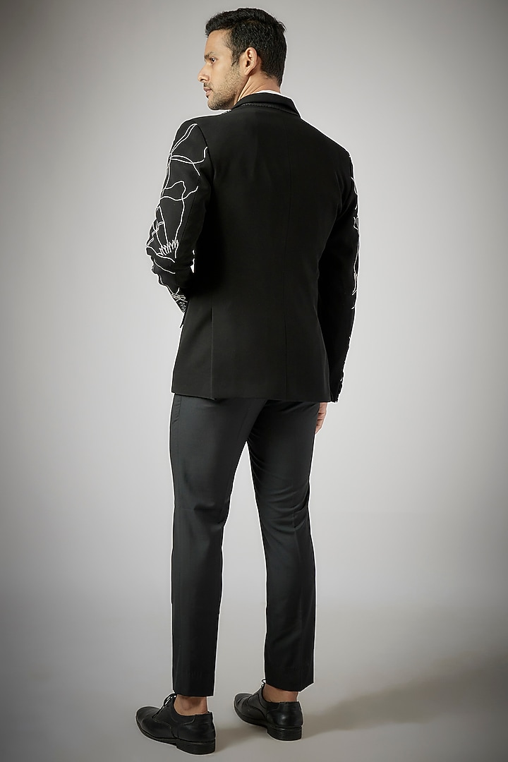 Black Japanese Polynosic Embroidered Tuxedo Set by UMANG MEHTA at Pernia's Pop Up Shop