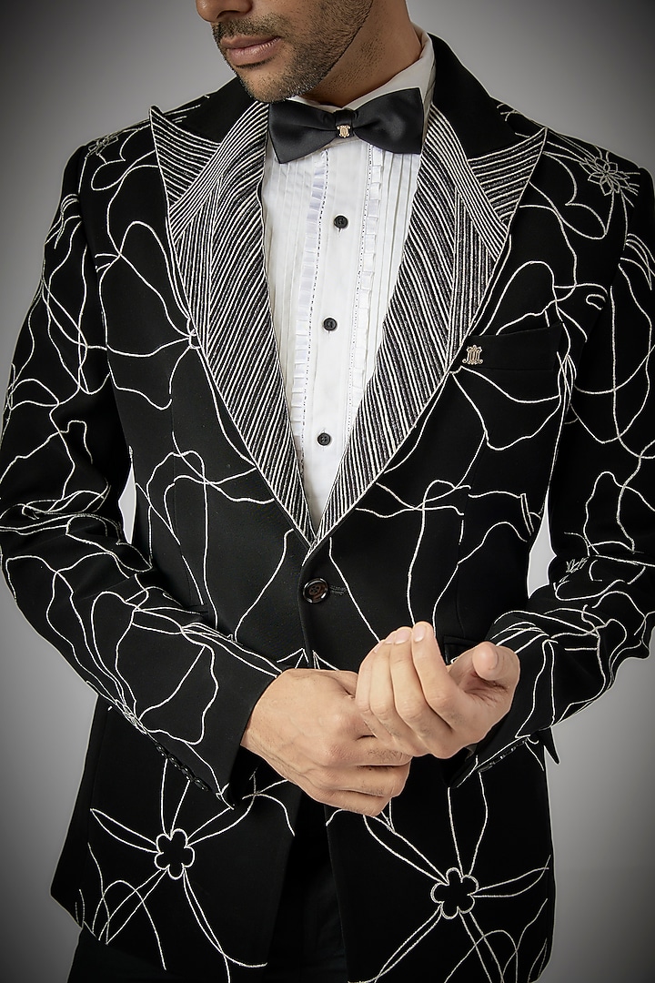 Black Japanese Polynosic Embroidered Tuxedo Set by UMANG MEHTA at Pernia's Pop Up Shop