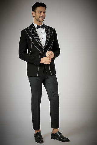 Black Japanese Polynosic Embroidered Tuxedo Set by UMANG MEHTA