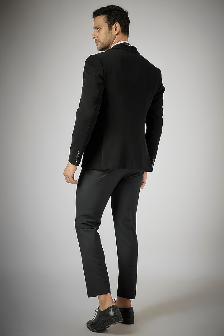 Black Japanese Polynosic Embroidered Tuxedo Set by UMANG MEHTA at Pernia's Pop Up Shop