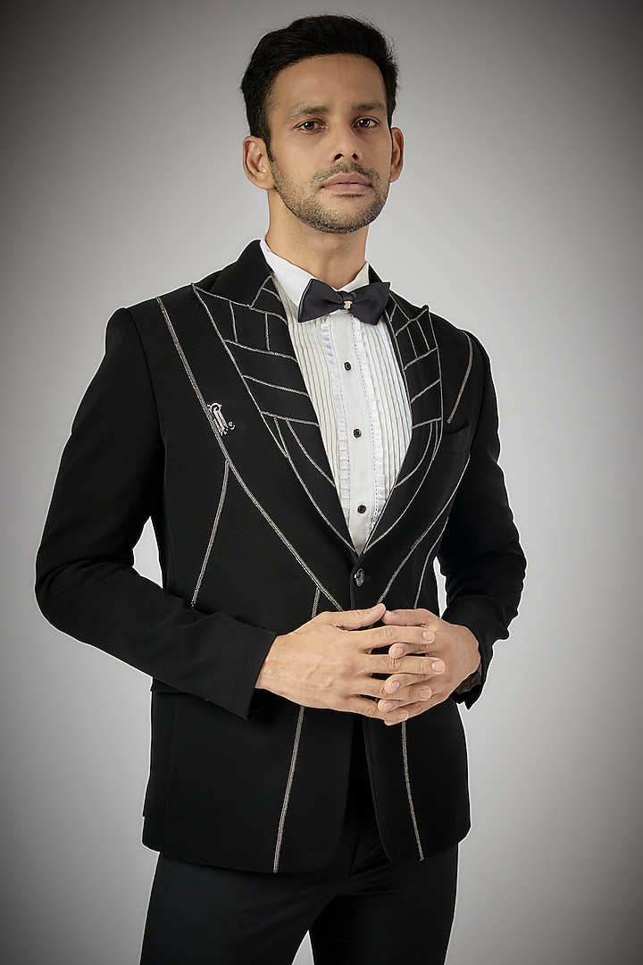 Black Japanese Polynosic Embroidered Tuxedo Set by UMANG MEHTA at Pernia's Pop Up Shop