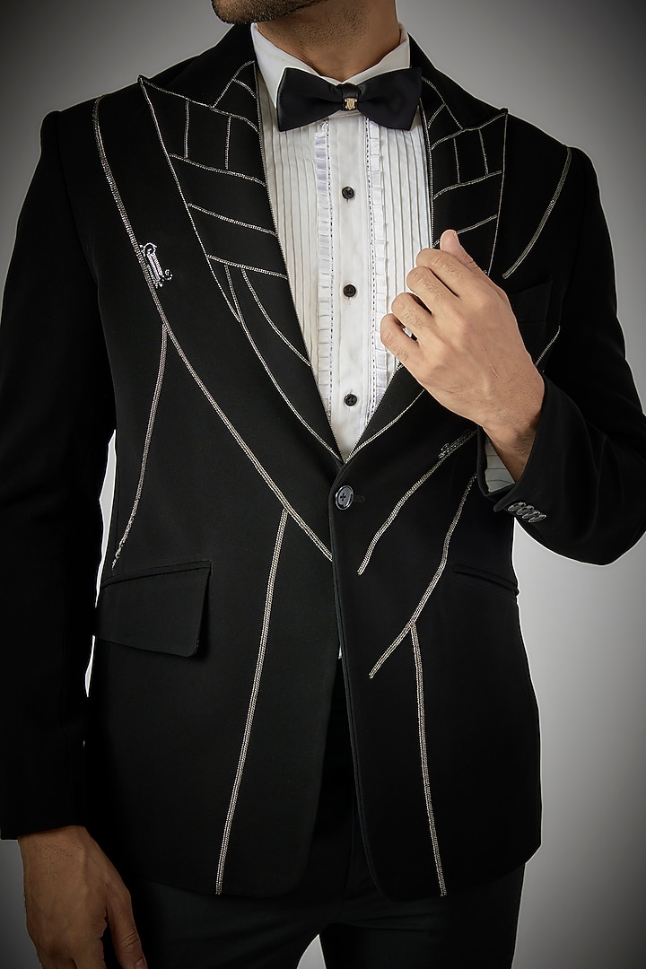 Black Japanese Polynosic Embroidered Tuxedo Set by UMANG MEHTA at Pernia's Pop Up Shop