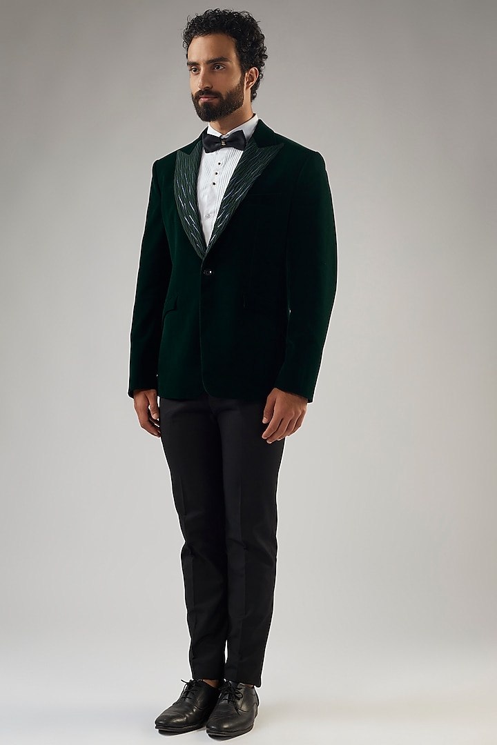 Green Terry Rayon Tuxedo Set by UMANG MEHTA