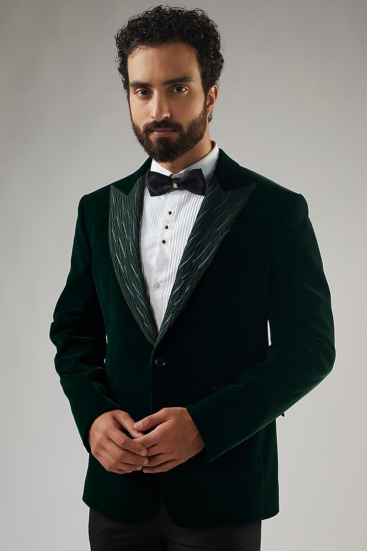 Green Terry Rayon Tuxedo Set by UMANG MEHTA at Pernia's Pop Up Shop
