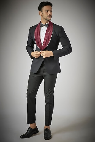 Black Terry Rayon Tuxedo Set by UMANG MEHTA
