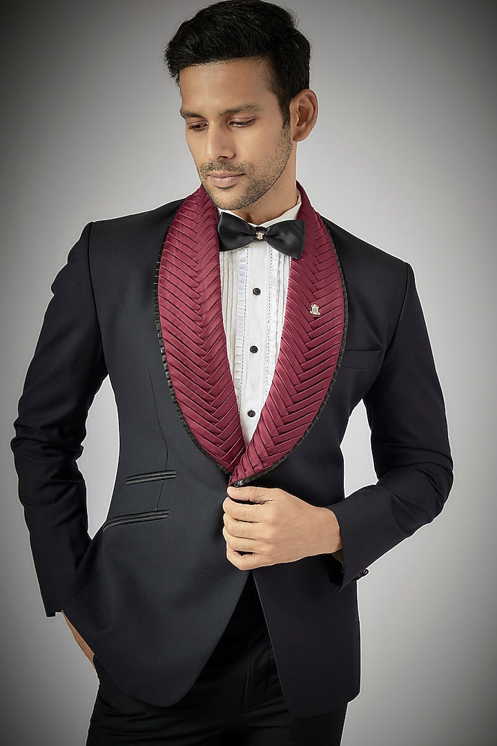 Black Terry Rayon Tuxedo Set by UMANG MEHTA at Pernia's Pop Up Shop