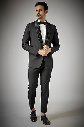 Black Terry Rayon Tuxedo Set by UMANG MEHTA