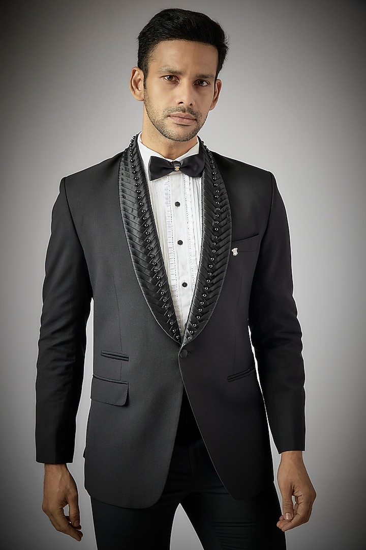Black Terry Rayon Tuxedo Set by UMANG MEHTA at Pernia's Pop Up Shop