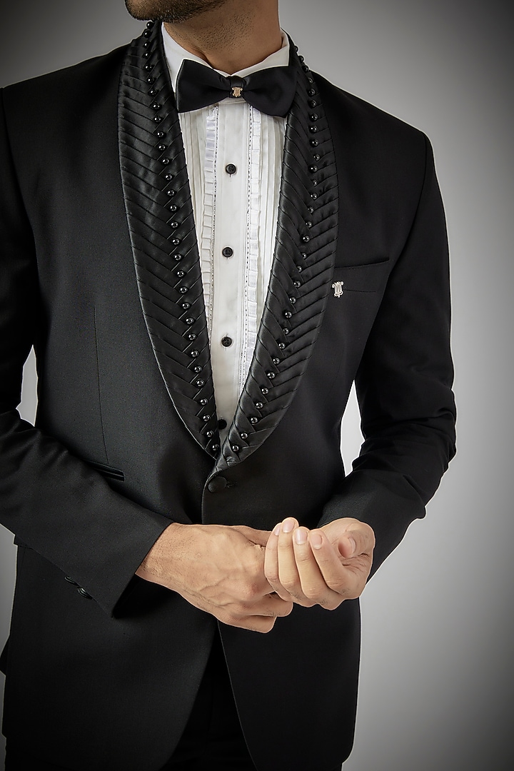 Black Terry Rayon Tuxedo Set by UMANG MEHTA at Pernia's Pop Up Shop