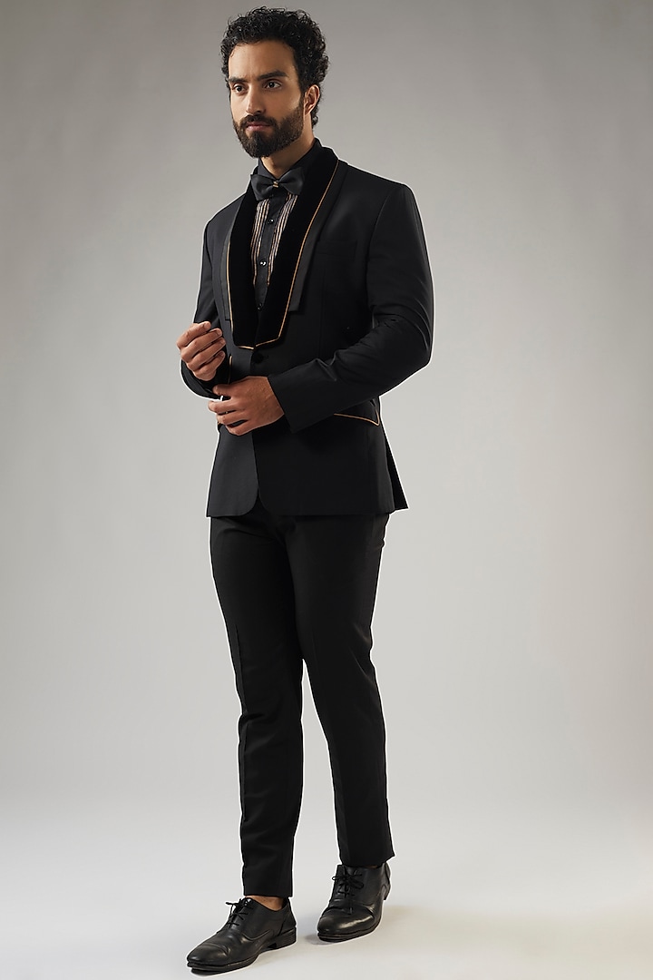 Black Terry Rayon Tuxedo Set by UMANG MEHTA