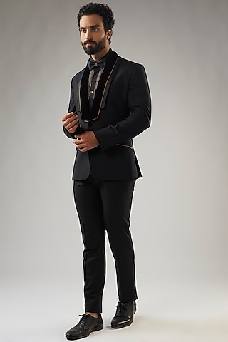 Black Terry Rayon Tuxedo Set by UMANG MEHTA