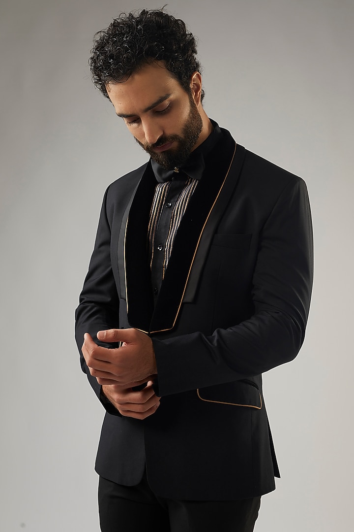 Black Terry Rayon Tuxedo Set by UMANG MEHTA at Pernia's Pop Up Shop