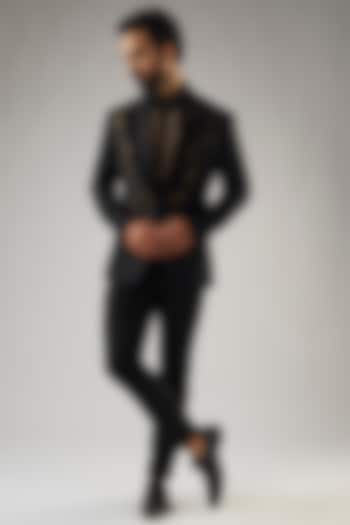Black Terry Rayon Tuxedo Set by UMANG MEHTA