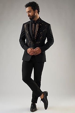 Black Terry Rayon Tuxedo Set by UMANG MEHTA
