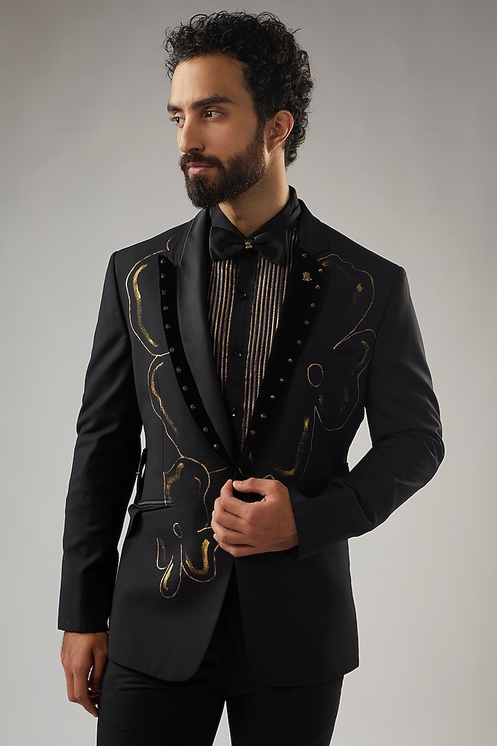 Black Terry Rayon Tuxedo Set by UMANG MEHTA at Pernia's Pop Up Shop