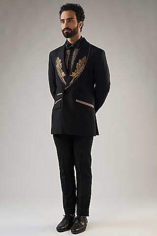 Black Terry Rayon Embellished Tuxedo Set by UMANG MEHTA