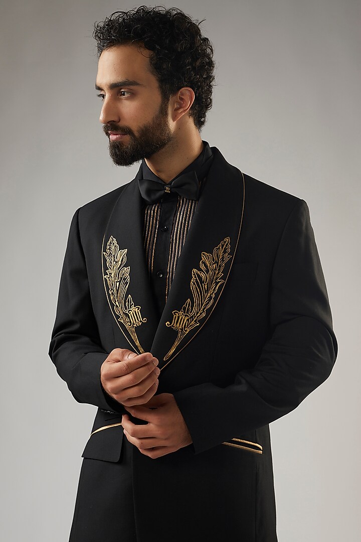 Black Terry Rayon Embellished Tuxedo Set by UMANG MEHTA at Pernia's Pop Up Shop