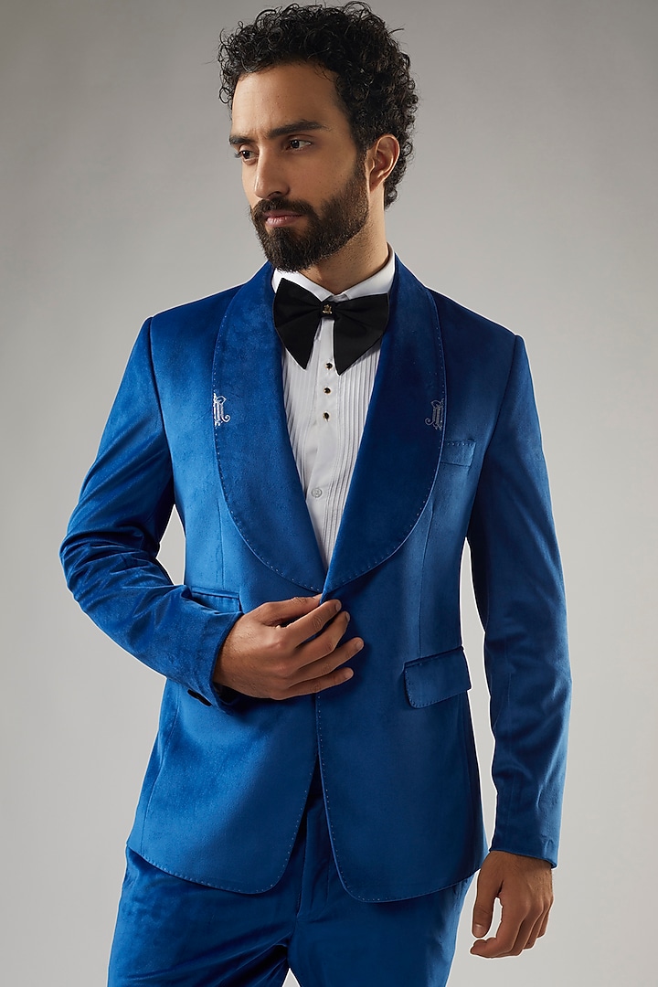 Blue Italian Velour Tuxedo Set by UMANG MEHTA at Pernia's Pop Up Shop