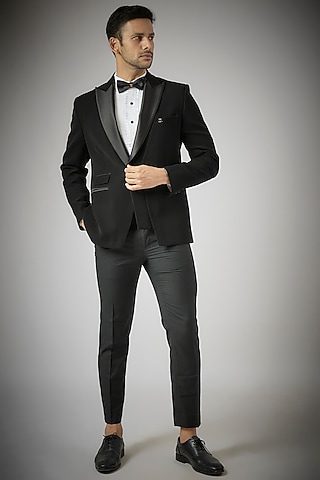 Black Japanese Polynosic Tuxedo Set by UMANG MEHTA