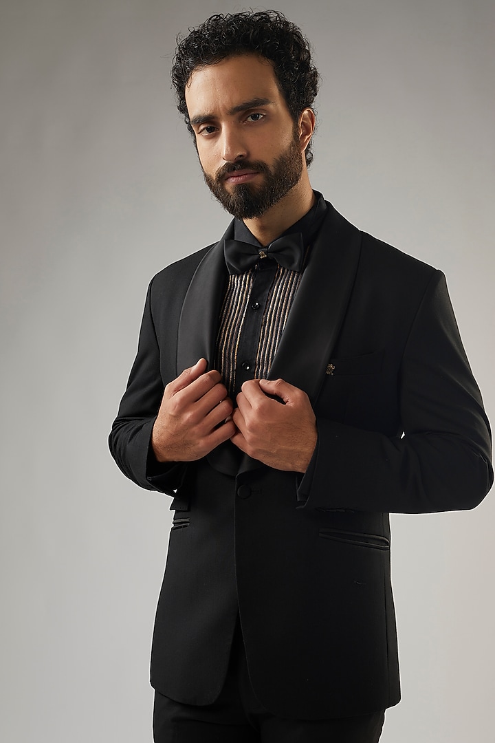 Black Terry Rayon Embellished Tuxedo Set by UMANG MEHTA at Pernia's Pop Up Shop