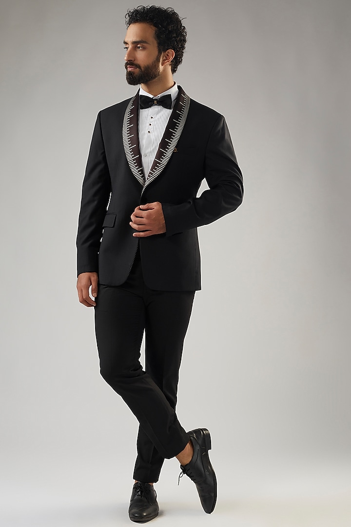 Black Terry Rayon Embellished Tuxedo Set by UMANG MEHTA