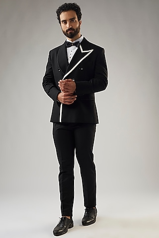 Black Terry Rayon Double Breasted Tuxedo Set by UMANG MEHTA