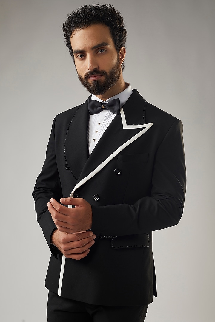 Black Terry Rayon Double Breasted Tuxedo Set by UMANG MEHTA at Pernia's Pop Up Shop