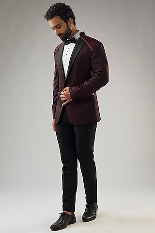 Maroon Terry Rayon Double Breasted Tuxedo Set by UMANG MEHTA