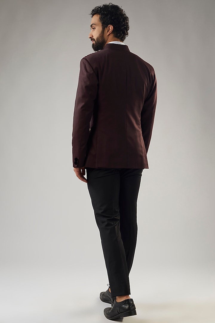 Maroon Terry Rayon Double Breasted Tuxedo Set by UMANG MEHTA at Pernia's Pop Up Shop