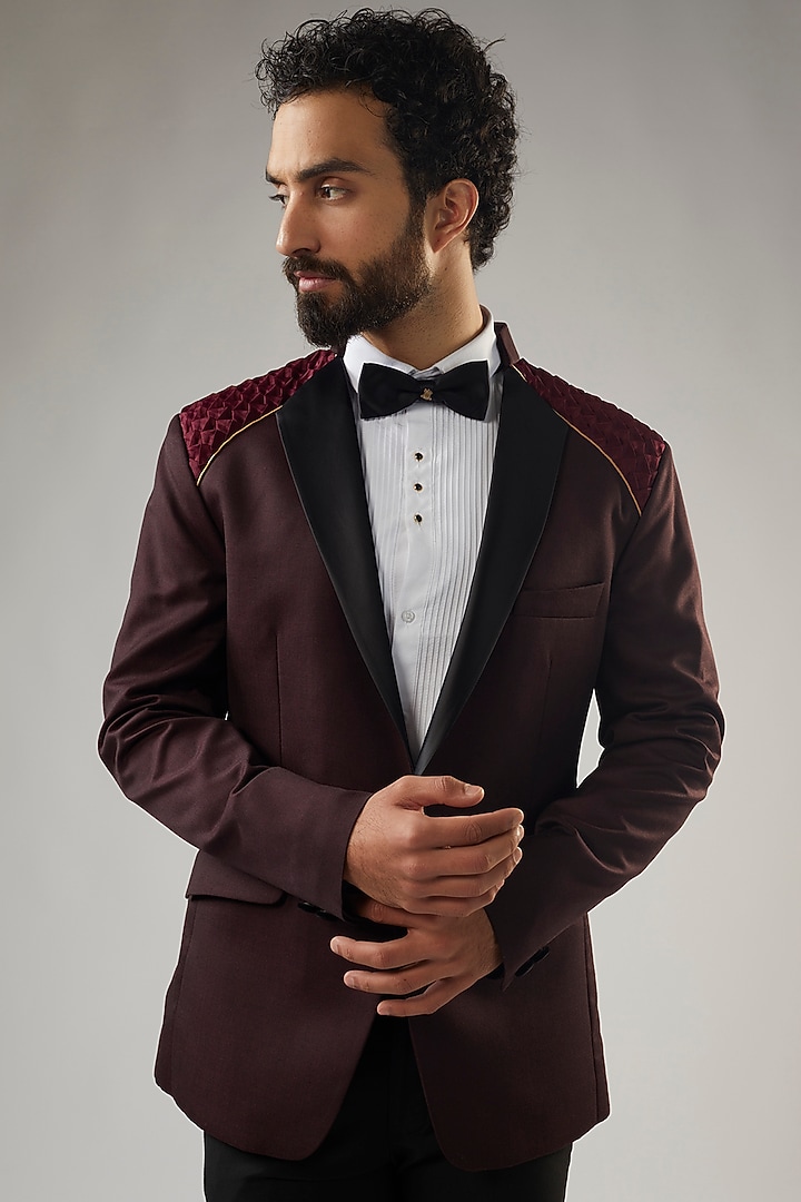 Maroon Terry Rayon Double Breasted Tuxedo Set by UMANG MEHTA at Pernia's Pop Up Shop