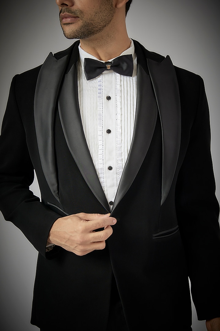 Black Japanese Polynosic Tuxedo Set by UMANG MEHTA at Pernia's Pop Up Shop