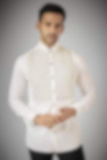 White Pure Cotton Embroidered Shirt by UMANG MEHTA
