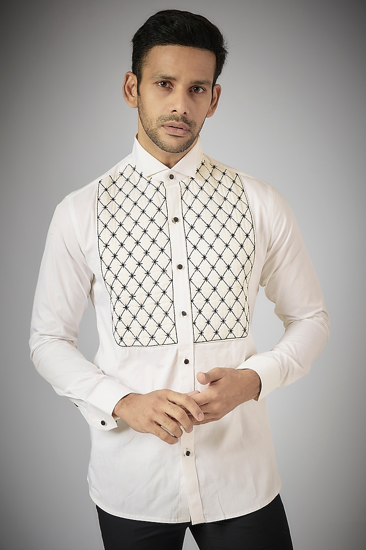 White Pure Cotton Embroidered Shirt by UMANG MEHTA