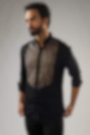 Black Cotton Tuxedo Shirt by UMANG MEHTA