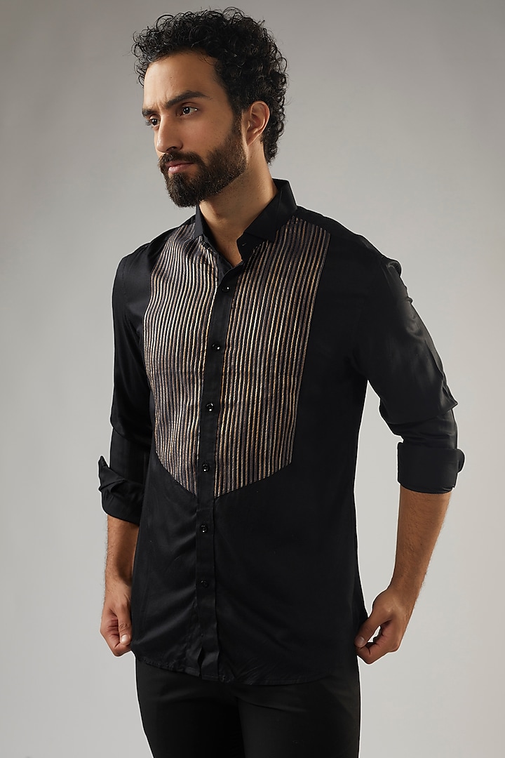 Black Cotton Tuxedo Shirt by UMANG MEHTA