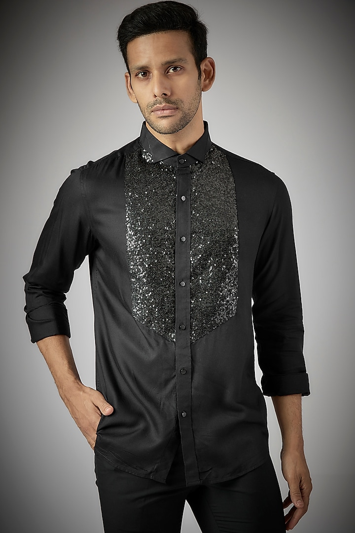 Black Pure Cotton Embellished Shirt by UMANG MEHTA
