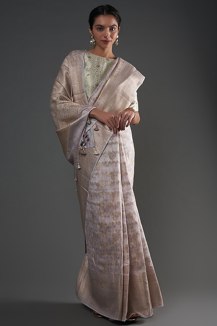 White Pure Chiniya Silk Handwoven Printed Saree  by Umay Benaras
