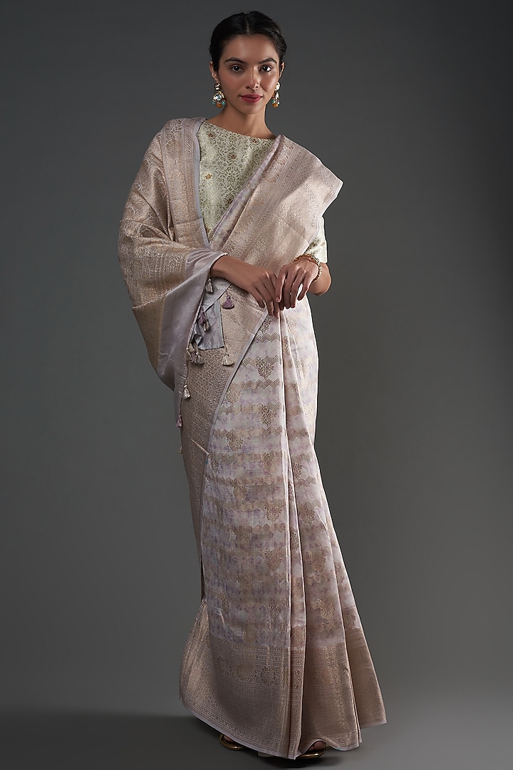 White Pure Chiniya Silk Handwoven Printed Saree  by Umay Benaras at Pernia's Pop Up Shop